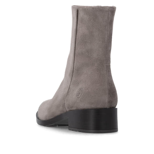 Remonte D3U73-42 women's wide grey suede side zip ankle boots, rear three-quarter view.