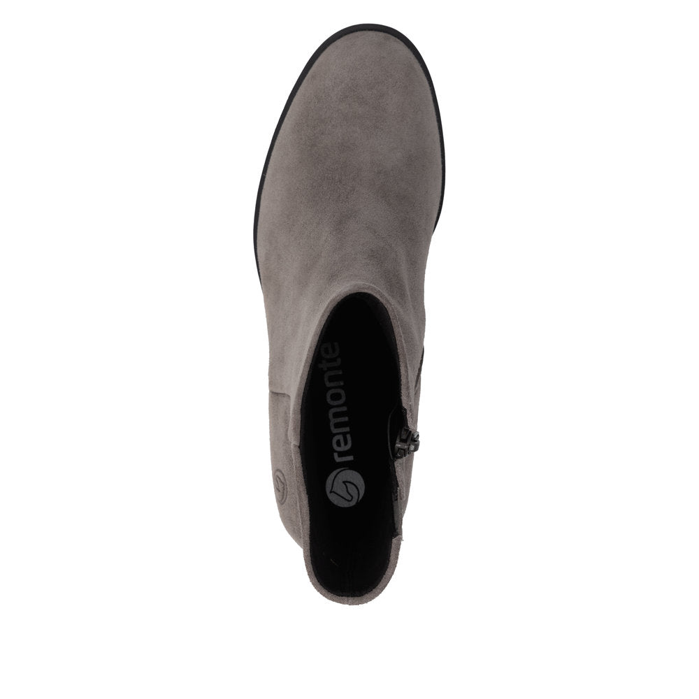 Remonte D3U73-42 women's wide grey suede side zip ankle boots, top view.