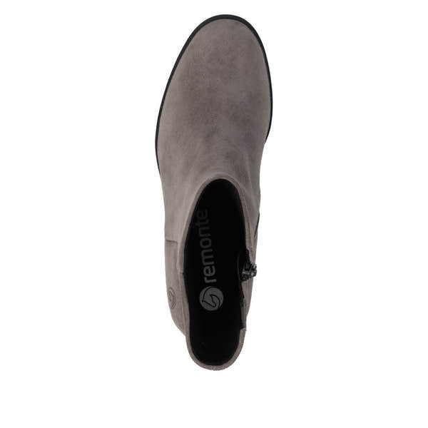 Remonte D3U73-42 women's wide grey suede side zip ankle boots, top view.
