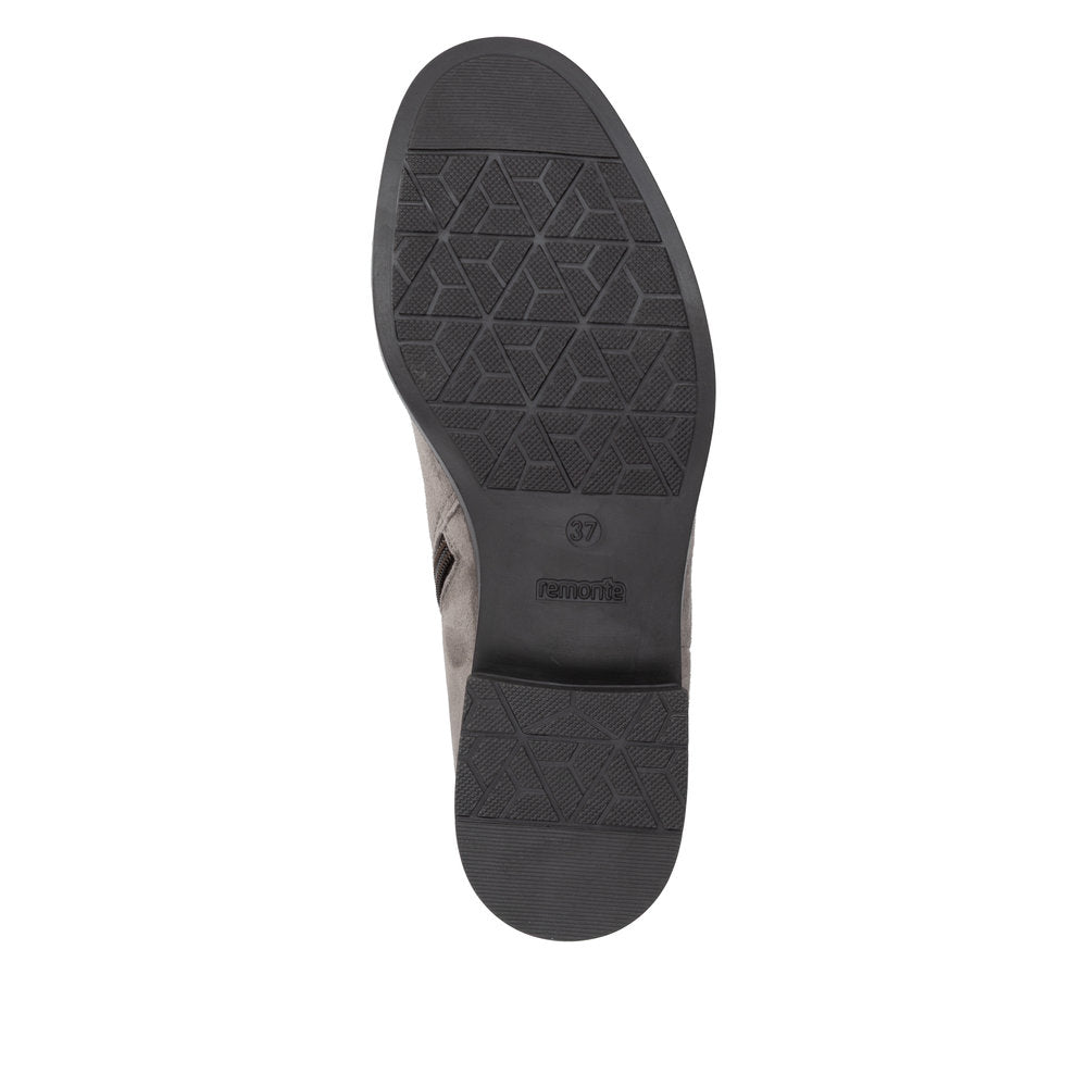 Remonte D3U73-42 women's wide grey suede side zip ankle boots, sole and tread view.