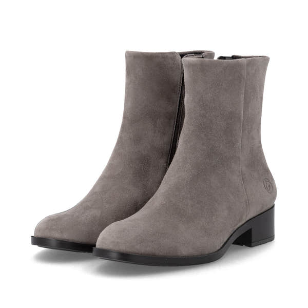 Remonte D3U73-42 women's wide grey suede side zip ankle boots, paired three-quarter view.