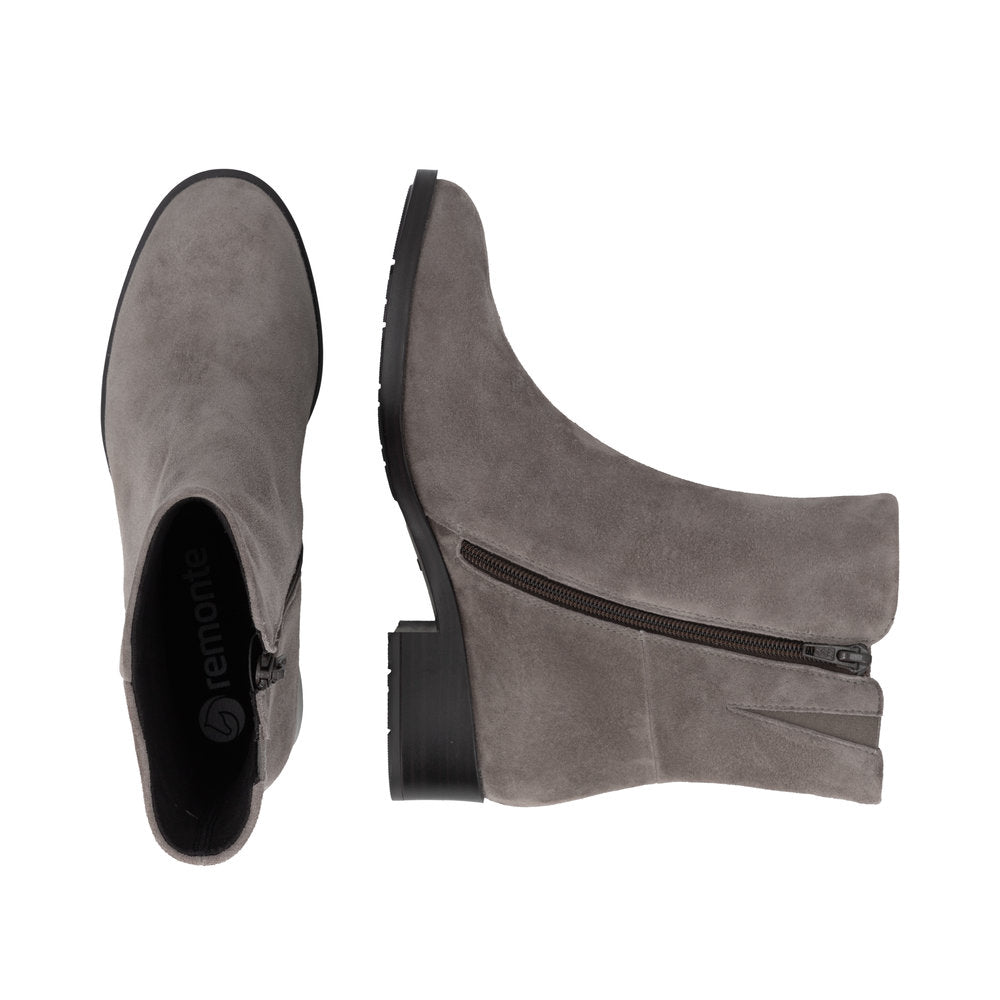 Remonte D3U73-42 women's wide grey suede side zip ankle boots, two-angle product view.