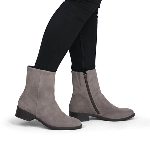 Remonte D3U73-42 women's wide grey suede side zip ankle boots, on-foot lifestyle view.