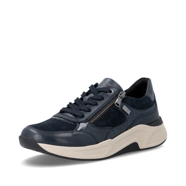 Remonte D3V00-14 women's wide navy suede water resistant zip & lace shoes, front three-quarter view.