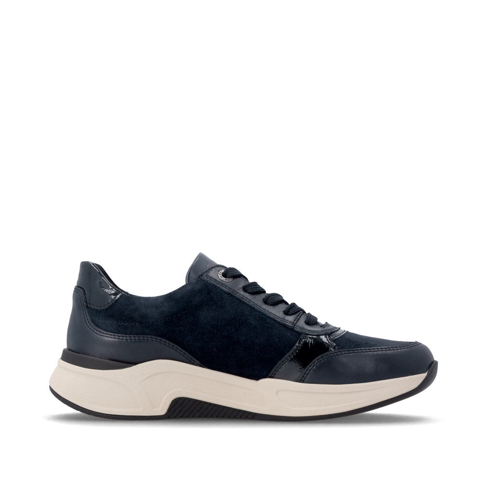 Remonte D3V00-14 women's wide navy suede water resistant zip & lace shoes, outer side view.