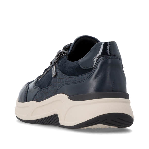 Remonte D3V00-14 women's wide navy suede water resistant zip & lace shoes, rear three-quarter view.
