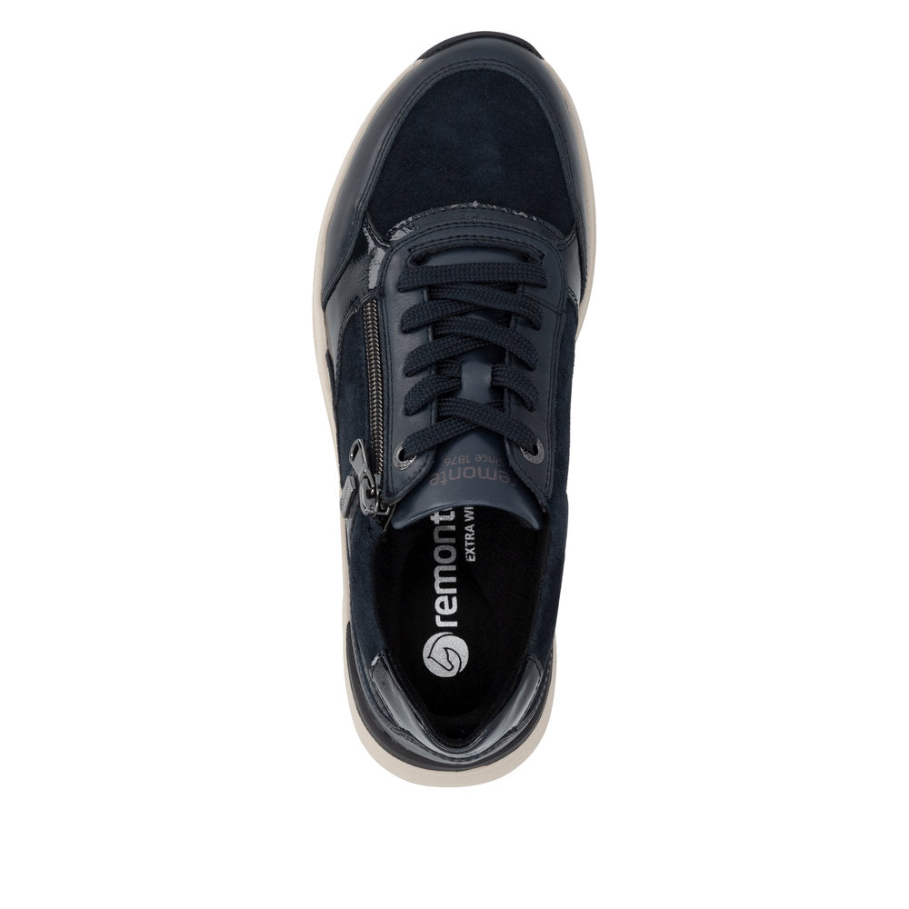Remonte D3V00-14 women's wide navy suede water resistant zip & lace shoes, top view.