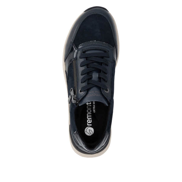 Remonte D3V00-14 women's wide navy suede water resistant zip & lace shoes, top view.