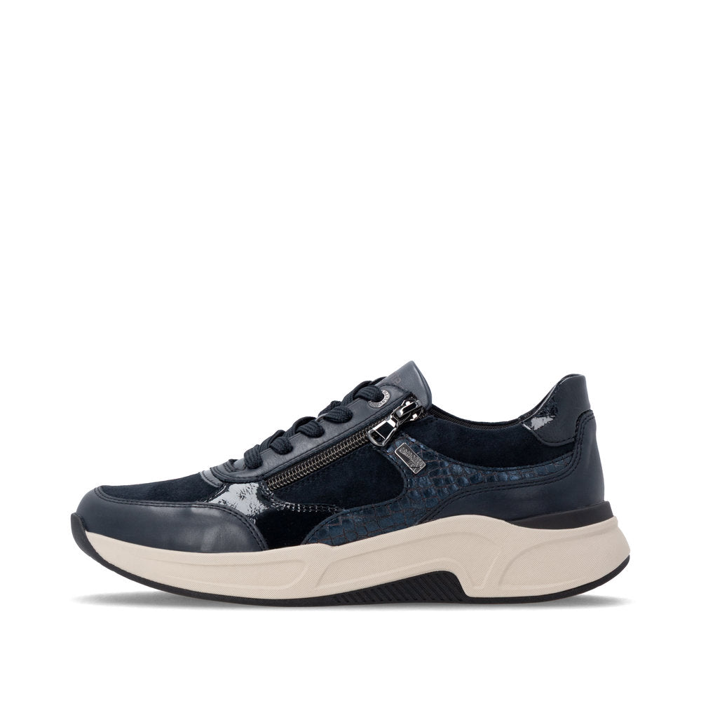 Remonte D3V00-14 women's wide navy suede water resistant zip & lace shoes, inner side view.
