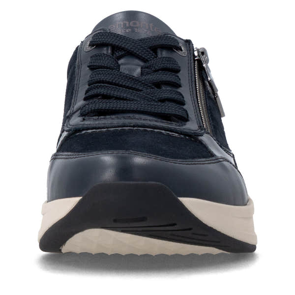 Remonte D3V00-14 women's wide navy suede water resistant zip & lace shoes, front view.