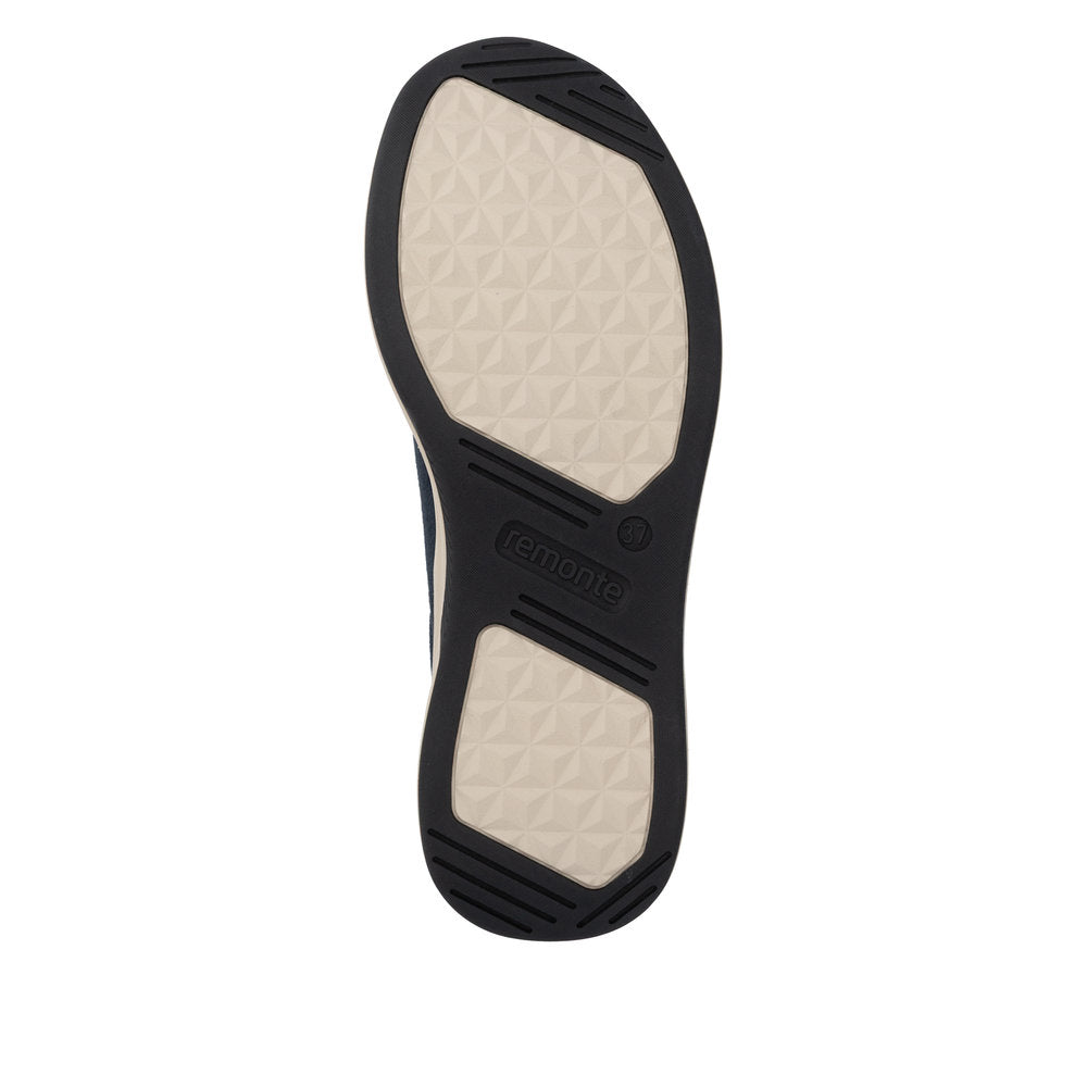 Remonte D3V00-14 women's wide navy suede water resistant zip & lace shoes, sole and tread view.
