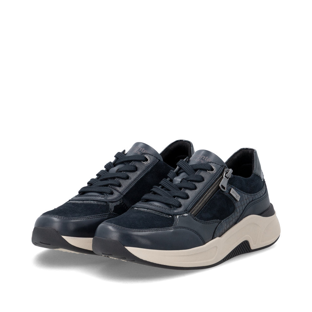 Remonte D3V00-14 women's wide navy suede water resistant zip & lace shoes, paired three-quarter view.