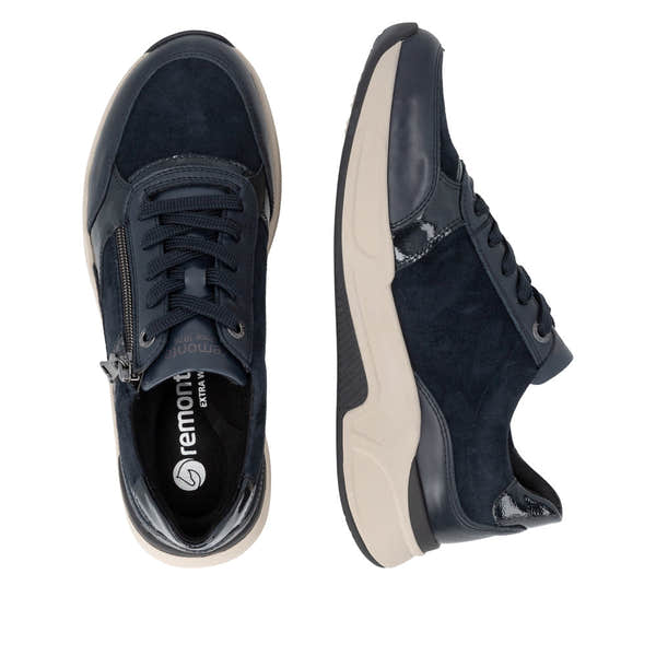 Remonte D3V00-14 women's wide navy suede water resistant zip & lace shoes, two-angle product view.