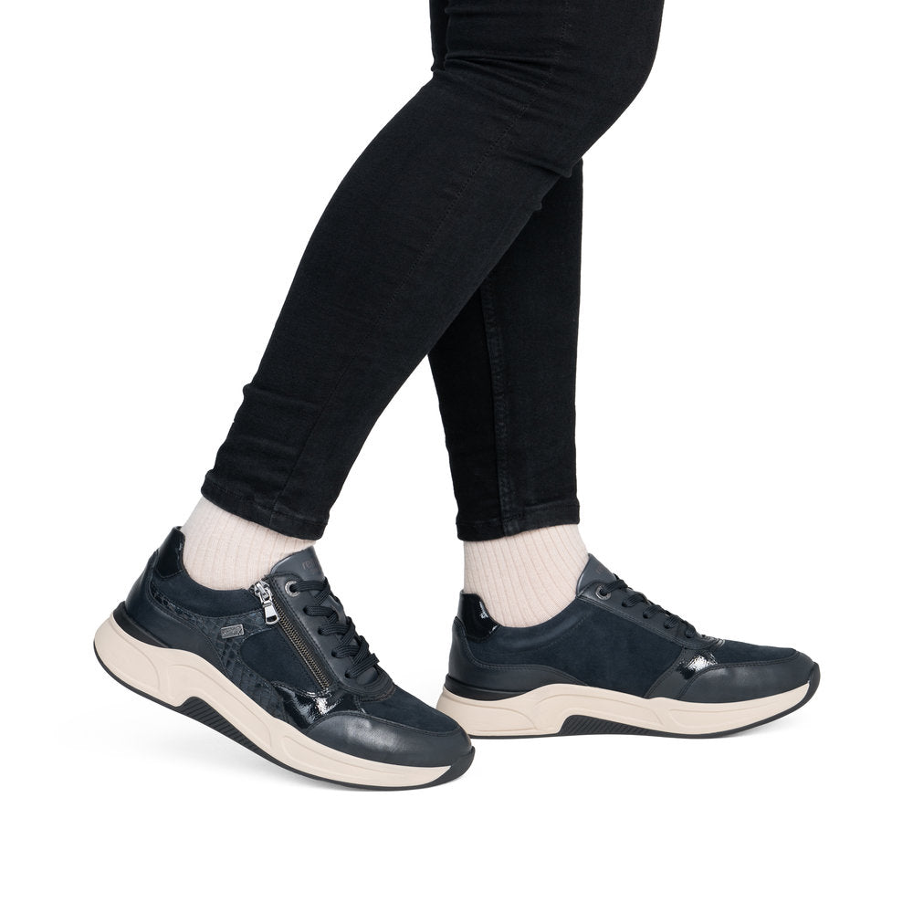 Remonte D3V00-14 women's wide navy suede water resistant zip & lace shoes, on-foot lifestyle view.