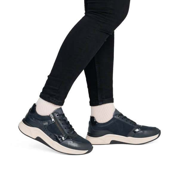 Remonte D3V00-14 women's wide navy suede water resistant zip & lace shoes, on-foot lifestyle view.