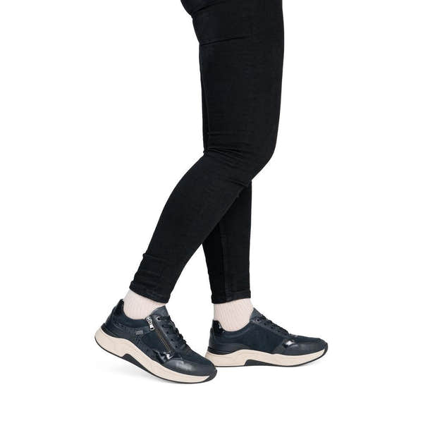 Remonte D3V00-14 women's wide navy suede water resistant zip & lace shoes, on-foot lifestyle view.