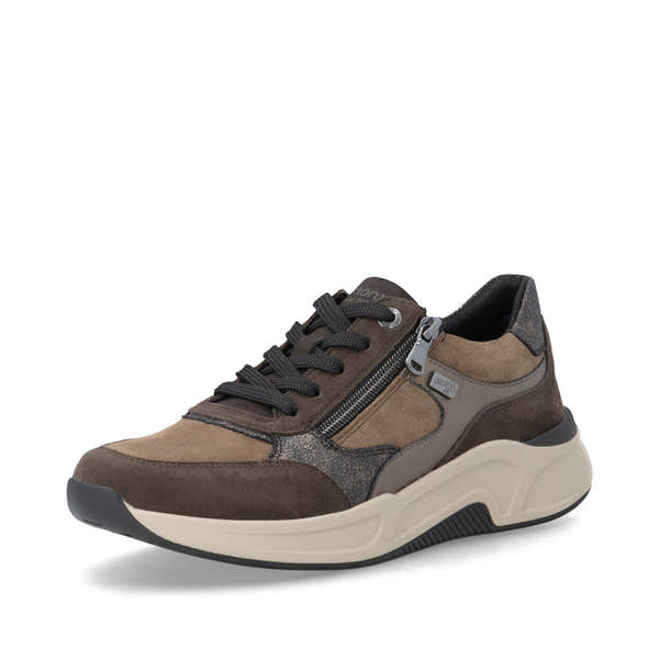 Remonte D3V00-25 women's wide brown suede water resistant zip & lace shoes, front three-quarter view.