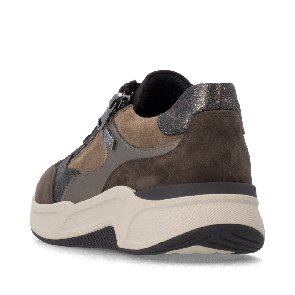 Remonte D3V00-25 women's wide brown suede water resistant zip & lace shoes, rear three-quarter view.