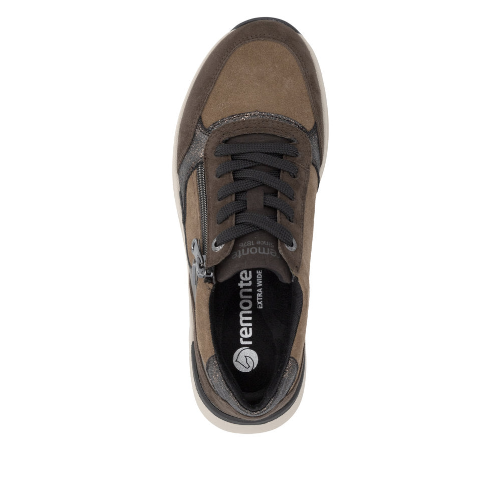 Remonte D3V00-25 women's wide brown suede water resistant zip & lace shoes, top view.