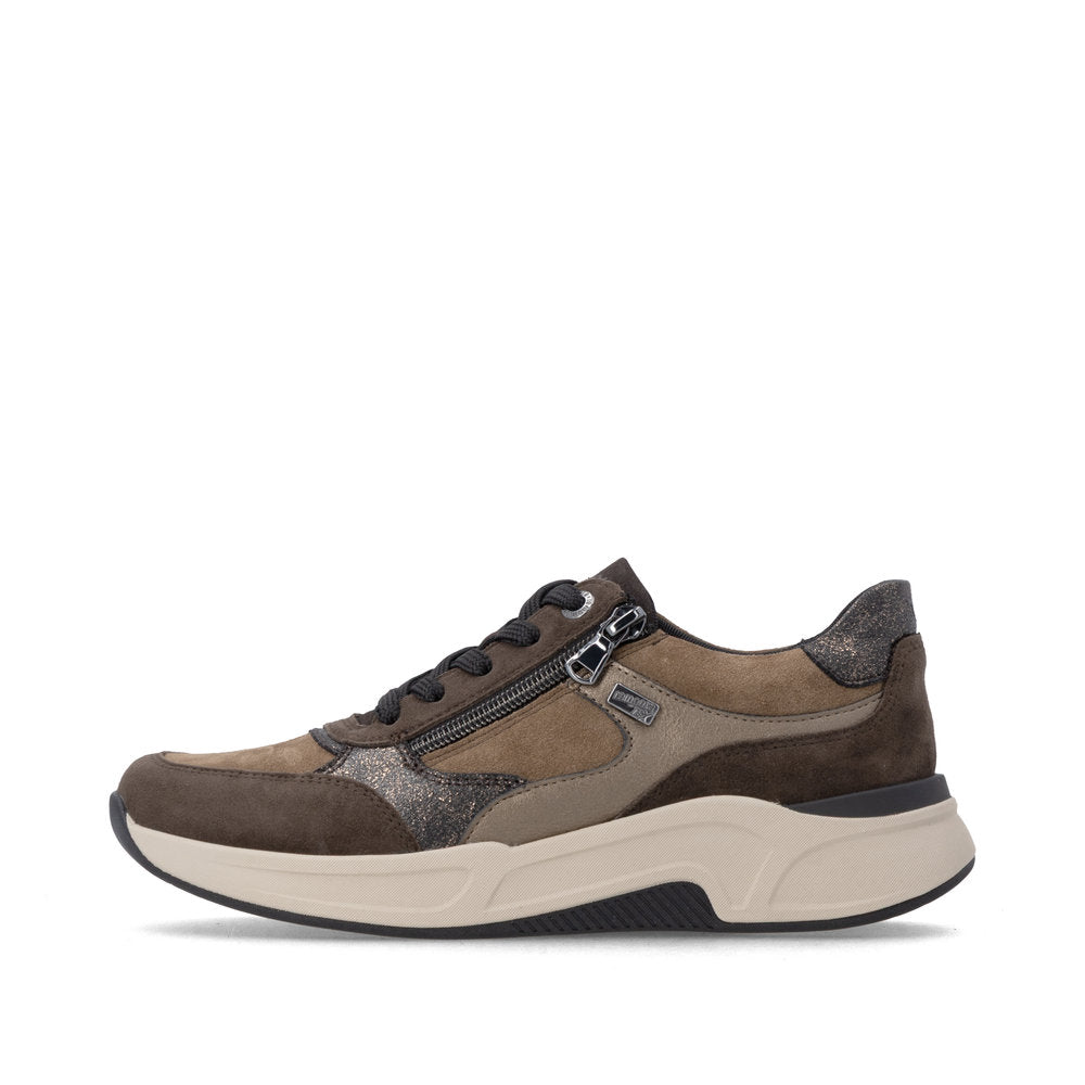 Remonte D3V00-25 women's wide brown suede water resistant zip & lace shoes, inner side view.