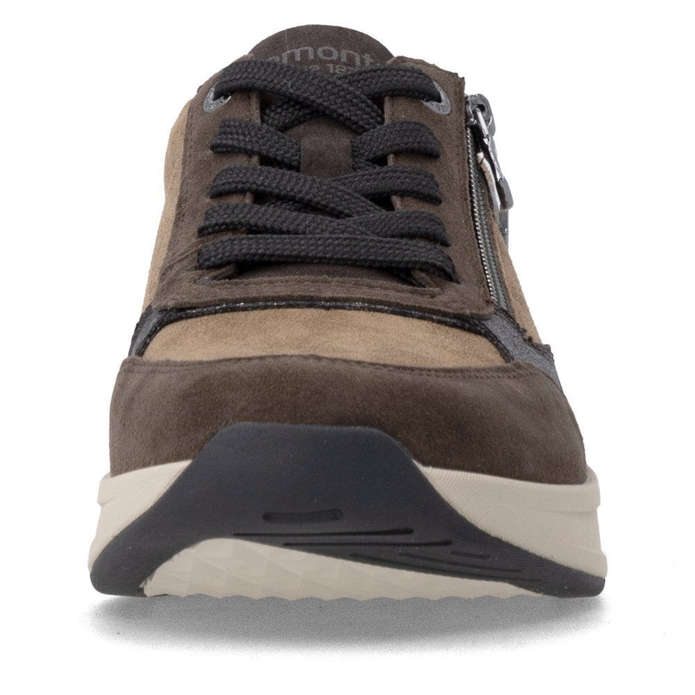 Remonte D3V00-25 women's wide brown suede water resistant zip & lace shoes, front view.