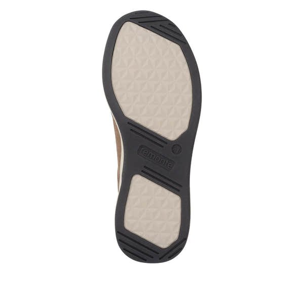 Remonte D3V00-25 women's wide brown suede water resistant zip & lace shoes, sole and tread view.