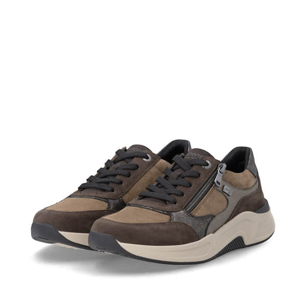 Remonte D3V00-25 women's wide brown suede water resistant zip & lace shoes, paired three-quarter view.