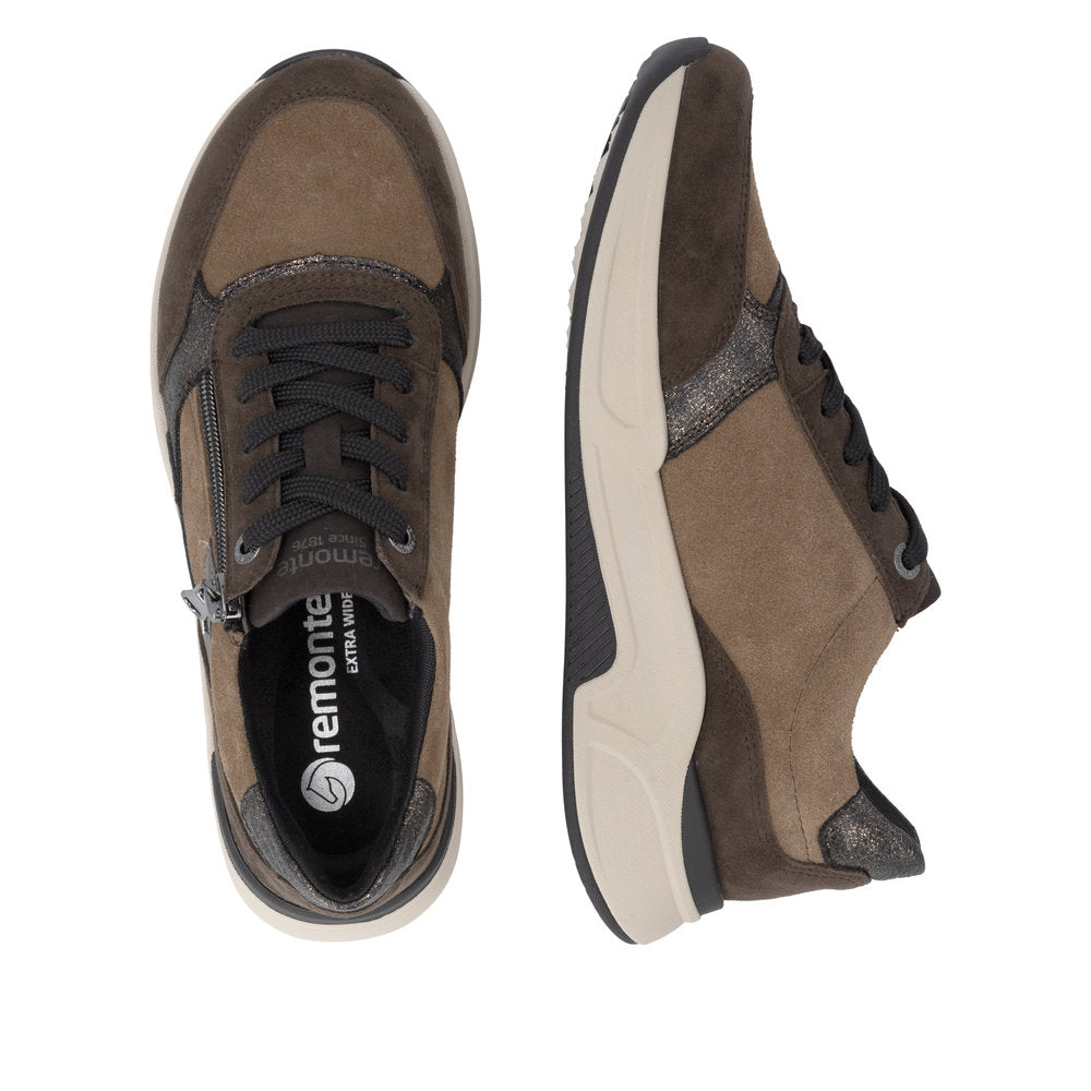 Remonte D3V00-25 women's wide brown suede water resistant zip & lace shoes, two-angle product view.