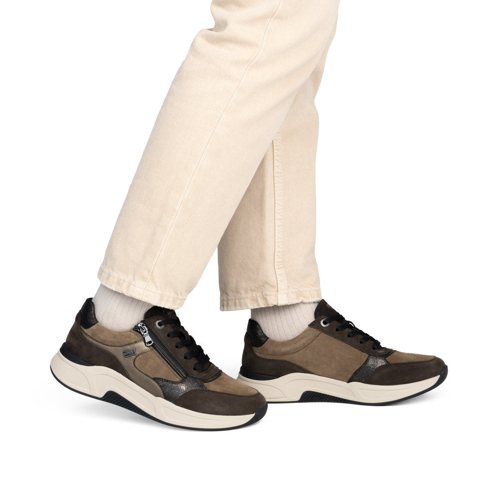 Remonte D3V00-25 women's wide brown suede water resistant zip & lace shoes, on-foot lifestyle view.
