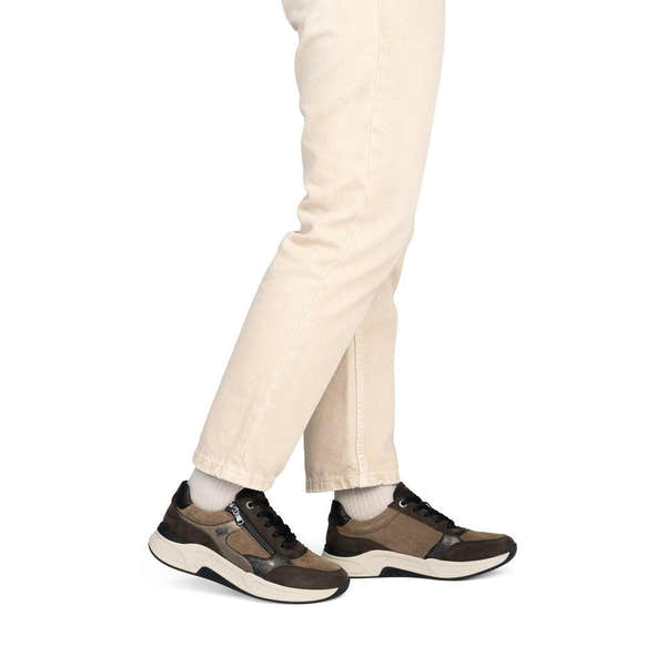 Remonte D3V00-25 women's wide brown suede water resistant zip & lace shoes, on-foot lifestyle view.