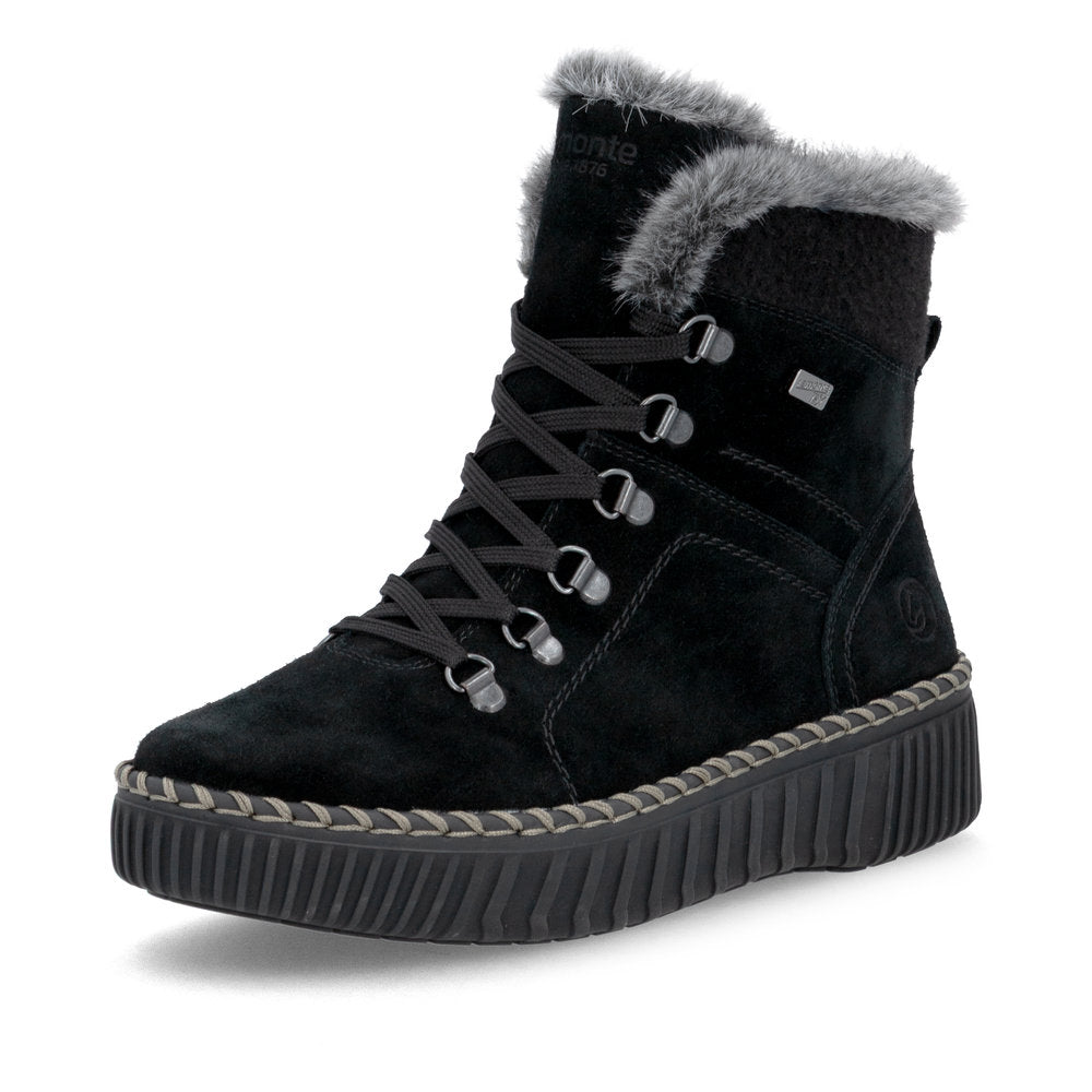 Remonte D4A70-03 women's wide black leather water resistant fur trim zip & lace ankle boots, front three-quarter view.