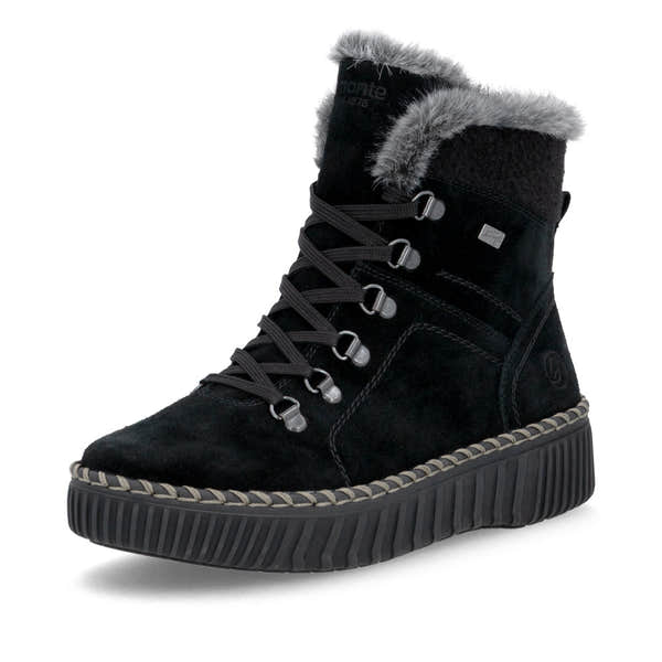 Remonte D4A70-03 women's wide black leather water resistant fur trim zip & lace ankle boots, front three-quarter view.