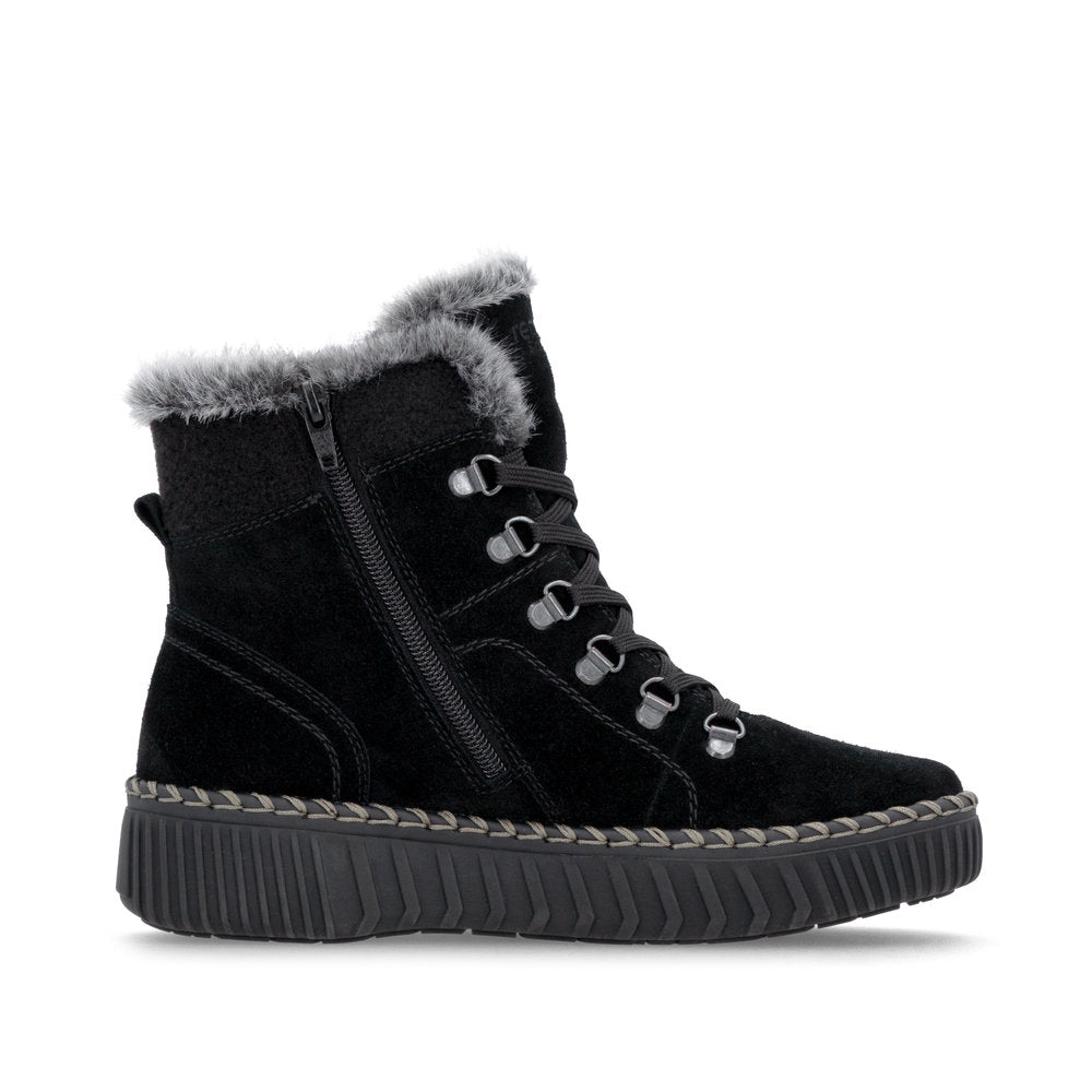 Remonte D4A70-03 women's wide black leather water resistant fur trim zip & lace ankle boots, outer side view.