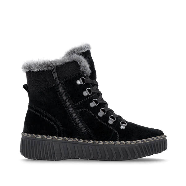 Remonte D4A70-03 women's wide black leather water resistant fur trim zip & lace ankle boots, outer side view.