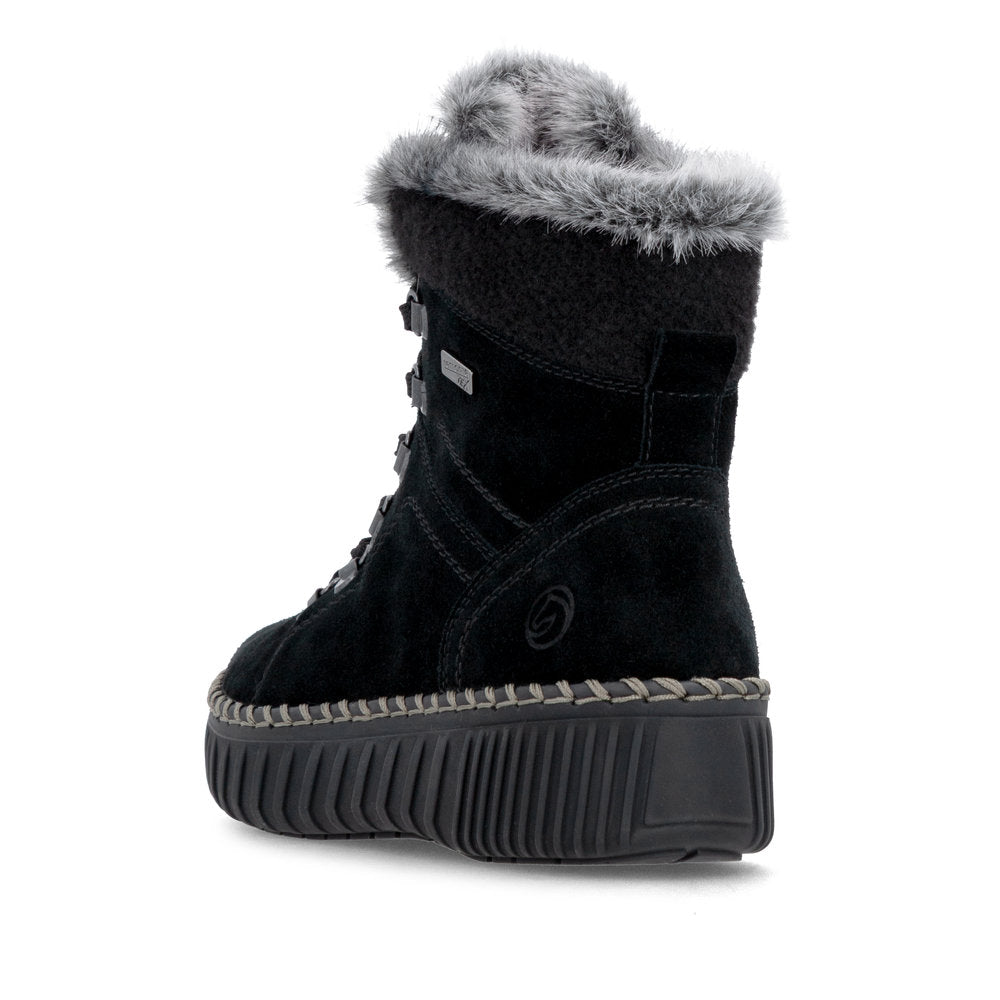 Remonte D4A70-03 women's wide black leather water resistant fur trim zip & lace ankle boots, rear three-quarter view.