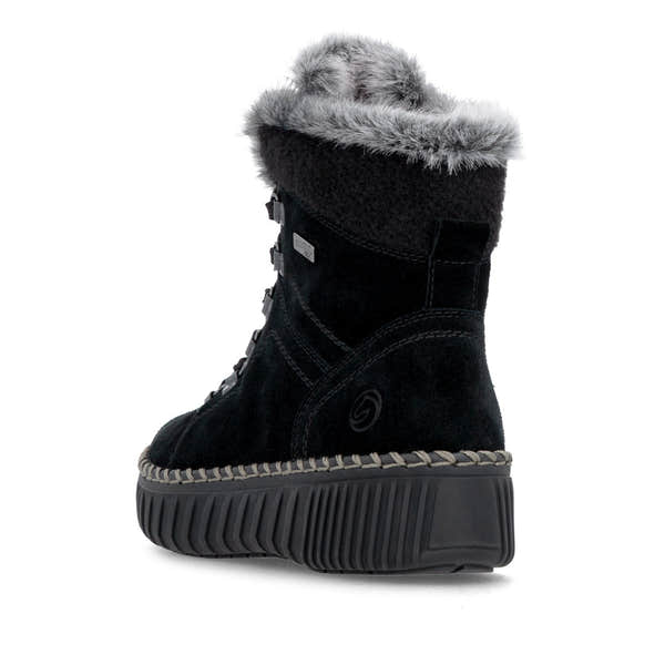 Remonte D4A70-03 women's wide black leather water resistant fur trim zip & lace ankle boots, rear three-quarter view.