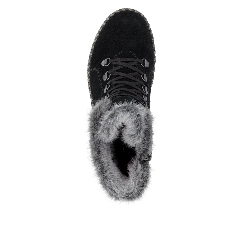 Remonte D4A70-03 women's wide black leather water resistant fur trim zip & lace ankle boots, top view.