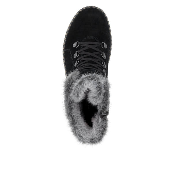 Remonte D4A70-03 women's wide black leather water resistant fur trim zip & lace ankle boots, top view.