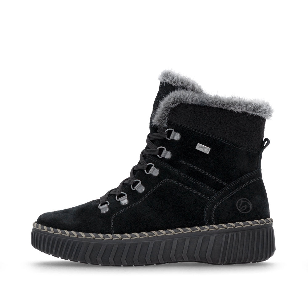 Remonte D4A70-03 women's wide black leather water resistant fur trim zip & lace ankle boots, inner side view.