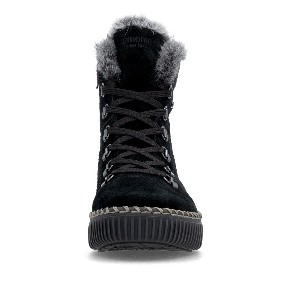 Remonte D4A70-03 women's wide black leather water resistant fur trim zip & lace ankle boots, front view.