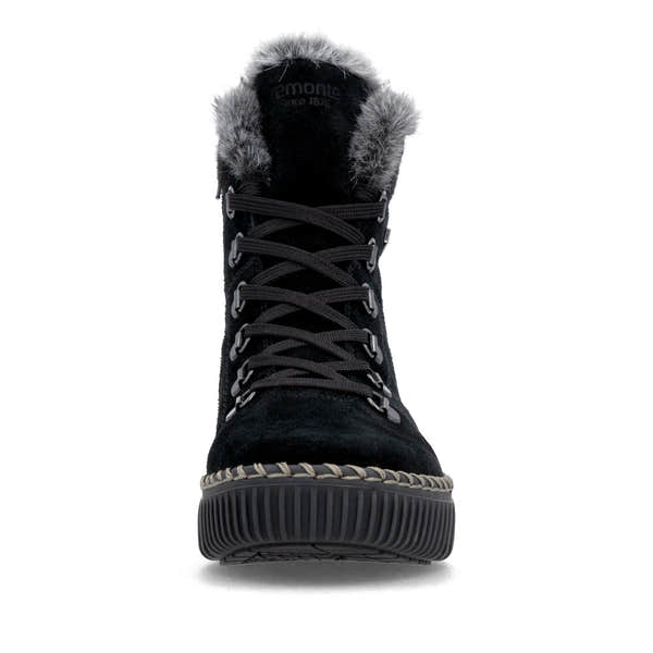 Remonte D4A70-03 women's wide black leather water resistant fur trim zip & lace ankle boots, front view.