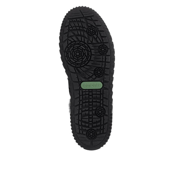 Remonte D4A70-03 women's wide black leather water resistant fur trim zip & lace ankle boots, sole and tread view.