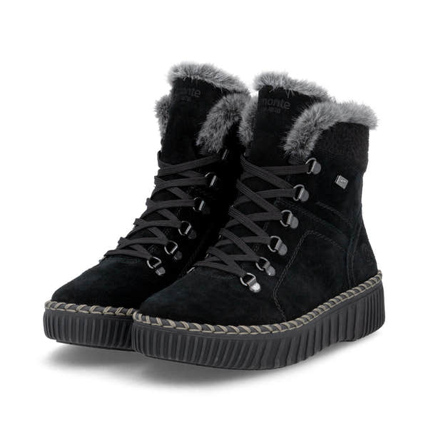 Remonte D4A70-03 women's wide black leather water resistant fur trim zip & lace ankle boots, paired three-quarter view.