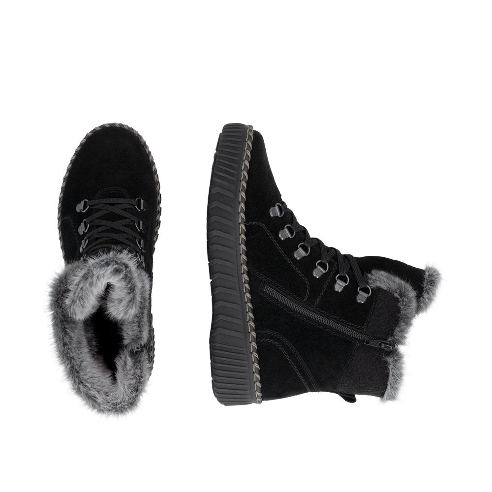 Remonte D4A70-03 women's wide black leather water resistant fur trim zip & lace ankle boots, two-angle product view.