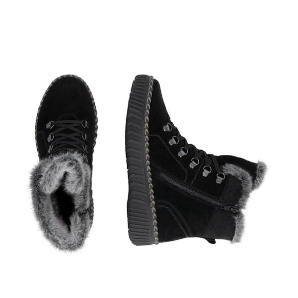Remonte D4A70-03 women's wide black leather water resistant fur trim zip & lace ankle boots, two-angle product view.