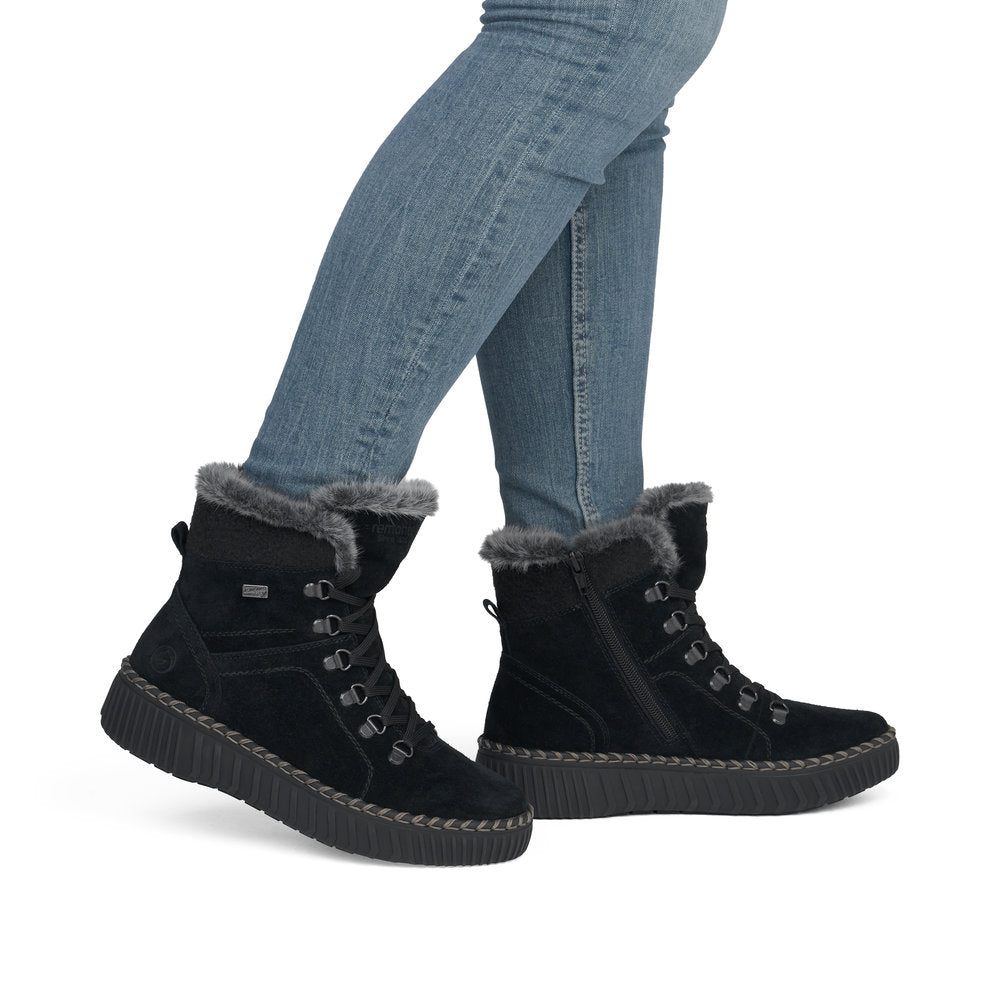 Remonte D4A70-03 women's wide black leather water resistant fur trim zip & lace ankle boots, on-foot lifestyle view.