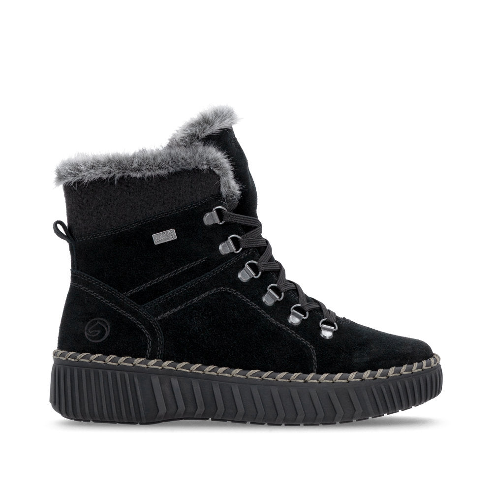 Remonte D4A70-03 women's wide black leather water resistant fur trim zip & lace ankle boots, opposite side view.