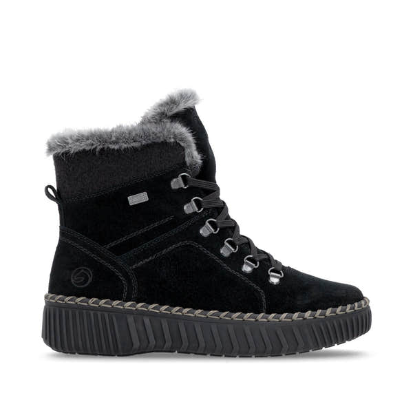 Remonte D4A70-03 women's wide black leather water resistant fur trim zip & lace ankle boots, opposite side view.