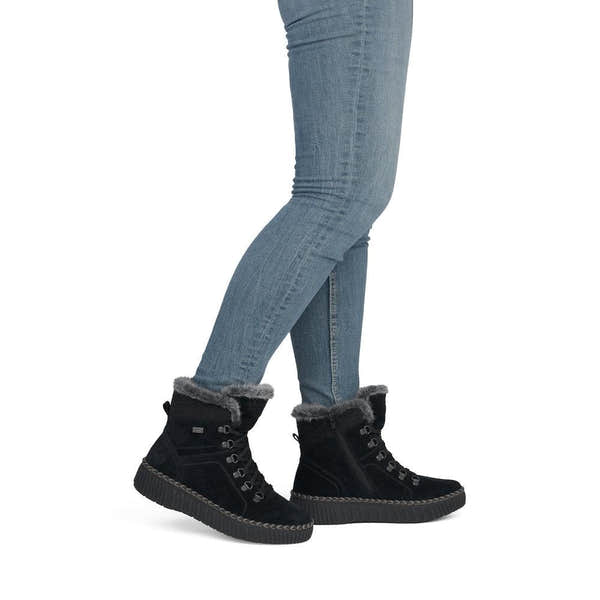 Remonte D4A70-03 women's wide black leather water resistant fur trim zip & lace ankle boots, on-foot lifestyle view.
