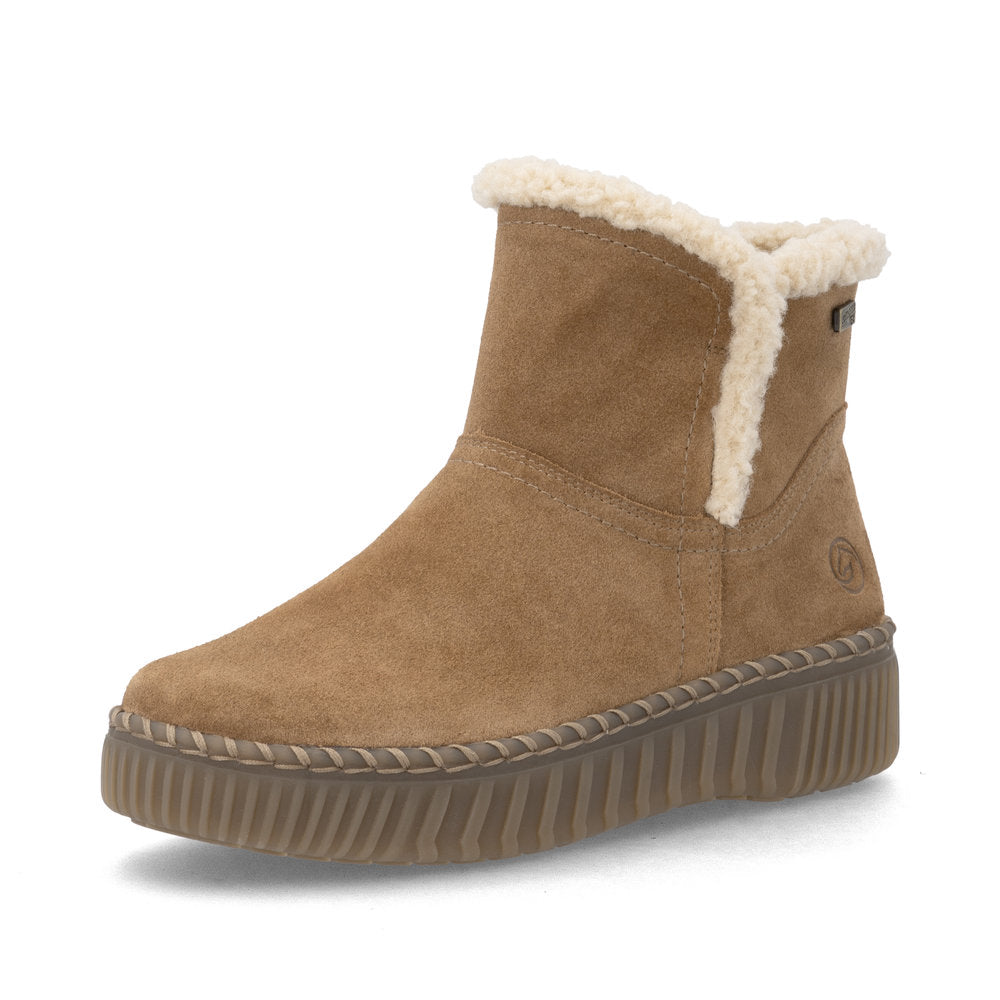 Remonte D4A73-24 women's wide brown leather water resistant fur trim side zip ankle boots, front three-quarter view.